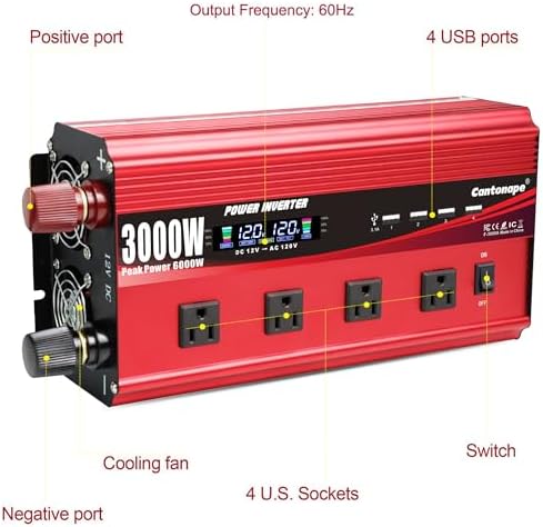 Cantonape 3000W Power Inverter 12V to 110V/120V DC to AC with LCD Display, Remote Control, 4 AC Outlets & 4 USB Ports for Car, RV, Boat & Solar Systems-Free Shipping to Jamaica/No Import Charges!!!