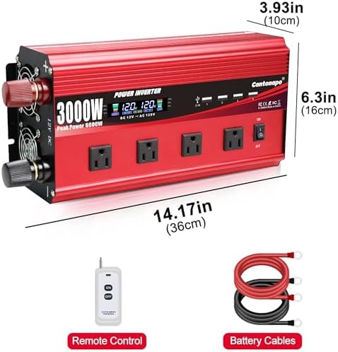 Cantonape 3000W Power Inverter 12V to 110V/120V DC to AC with LCD Display, Remote Control, 4 AC Outlets & 4 USB Ports for Car, RV, Boat & Solar Systems-Free Shipping to Jamaica/No Import Charges!!!