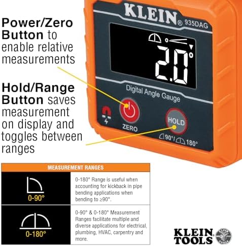 Klein Tools 935DAG Digital Angle Gauge & Electronic Level, 0–90° and 0–180° Measurement Ranges-Techvett-Free Shipping