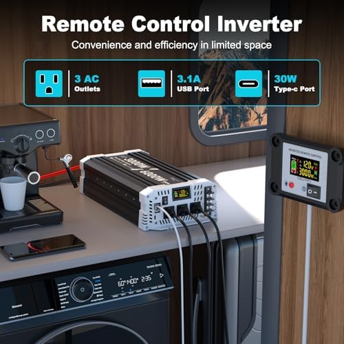 3000W Pure Sine Wave Inverter 12V DC to 110V/120V AC with USB, Type-C, Remote Control & LCD for RV, Solar & Emergency Power-Free Shipping to Jamaica/No Import Charges!!!