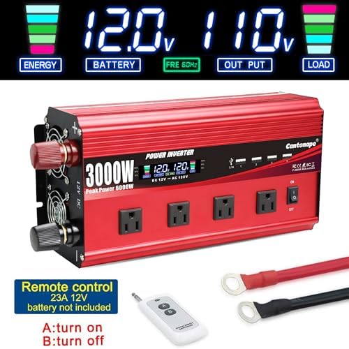 Cantonape 3000W Power Inverter 12V to 110V/120V DC to AC with LCD Display, Remote Control, 4 AC Outlets & 4 USB Ports for Car, RV, Boat & Solar Systems-Free Shipping to Jamaica/No Import Charges!!!