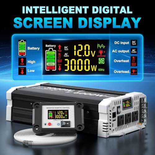 3000W Pure Sine Wave Inverter 12V DC to 110V/120V AC with USB, Type-C, Remote Control & LCD for RV, Solar & Emergency Power-Free Shipping to Jamaica/No Import Charges!!!