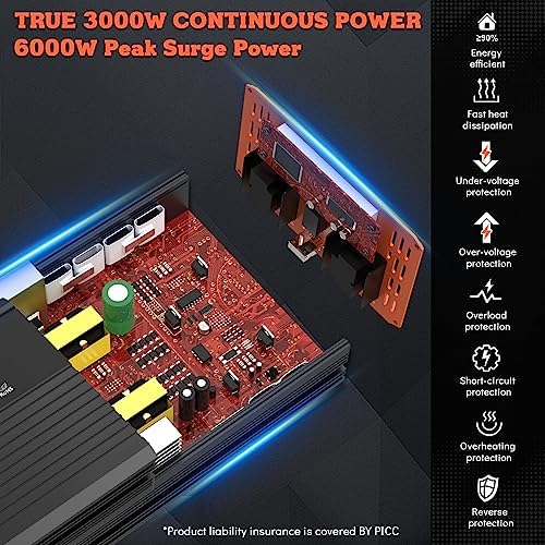 TOPBULL 3000W Power Inverter (6000W Peak) | 12V DC to 110V AC Converter with LED Display, Dual AC Outlets, USB Port | Car, RV & Home Backup Power | Free Shipping to Jamaica / No Import Charges