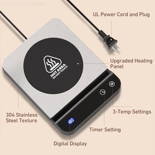 Electric Coffee Mug Warmer with Digital Display, 3-Temp Settings, 2–12H Timer, 304 Stainless Steel Desk Cup Warmer --Techvett-Free Shipping