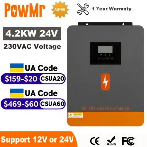 Sc6814902ec53496fb72c7f4dec79c3260-2.webp PowMr 4.2KW Hybrid Solar Inverter 24V 220V Off Grid Pure Sine Inverter Dual Output Built in WIFI with MPPT 100A Solar Charger